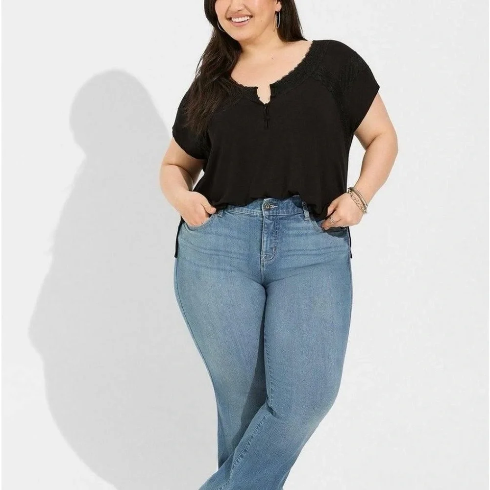 TORRID Super Soft Jersey Dolman Henley Lace Trip  Black Top - Picture 3 of 5